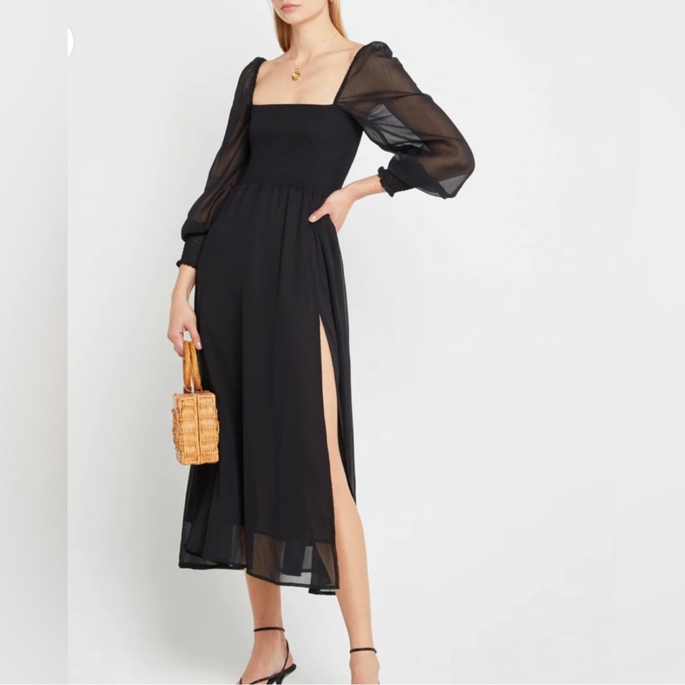 O.P.T. Black Sheer Sleeves Smocked Maxi Dress